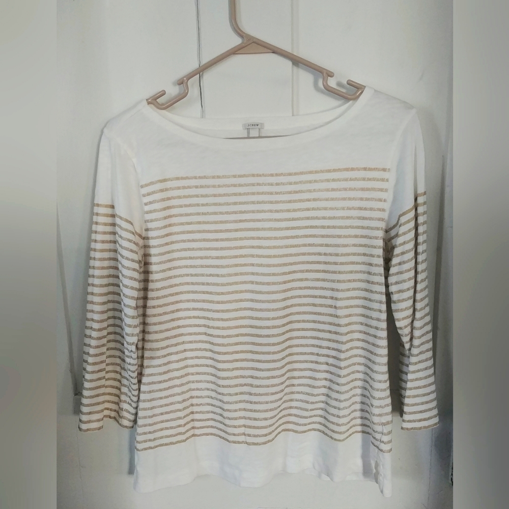 J. Crew Womens 3/4 Sleeve Tee Wide Crew Neck White Gold Striped Size Medium Y2K